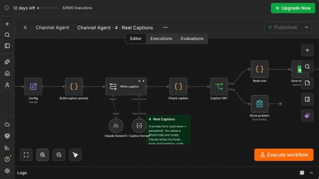 The Reel Captions workflow in n8n